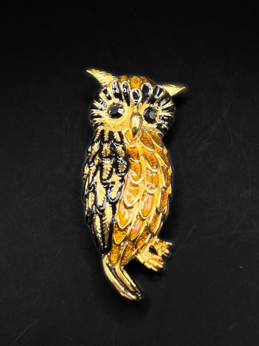 Vintage Rhinestone Owl Brooch Midcentury Design Gold and Enamel